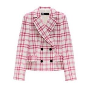 Zara Women's Tweed white pink Blazer silver buttons office career classic medium